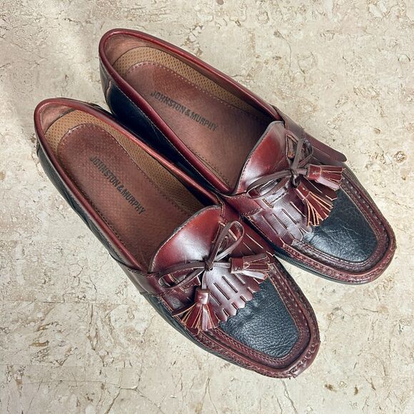 Johnston Murphy Mens Shoes 10 Black Brown Two Tone Leather Loafers Slip On Nice! - Picture 6 of 12